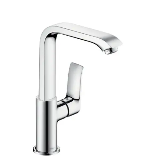 Ein Einhebel-Waschtischmischer aus Chrom von Hansgrohe mit einem geraden, modernen Design und einem seitlichen Hebel zur Temperatur- und Strömungsregelung.